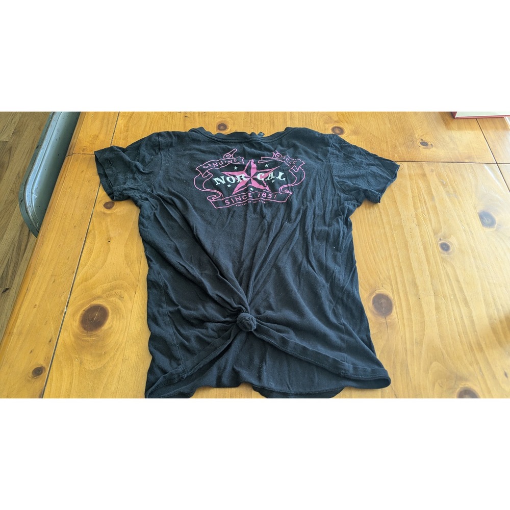 Nor Cal Women Black V-Neck Graphic T-Shirt Back Knot Pink Star XL
